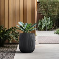 12.6" Dia x 14.6" H Round Concrete Planter, Streamlined Fluted Large Plant Pot with Drainage Hole and Rubber Plug for Home, Patio, Garden, Black Finis
