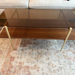 Modern Coffee Table for Living Room, Gold Finish Leg, Coffee Brown Glass Top & Walnut Shelf, 41 in Length