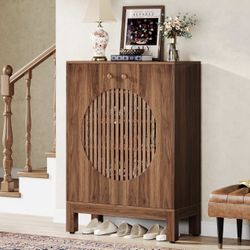JW0982 new assembled 5-Tier Shoe Cabinet with Round Louvered Doors, 20 Pairs Farmhouse Shoe Storage Cabinet with Adjustable Shelves, Wooden Shoe Rack 