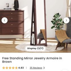 Standing Mirror Jewelry Armoire in Brown