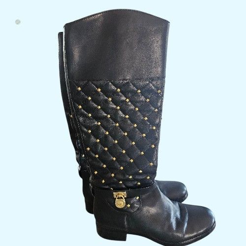 Michael Kors Quilted Gold Studded Black Leather Knee Hight Boots