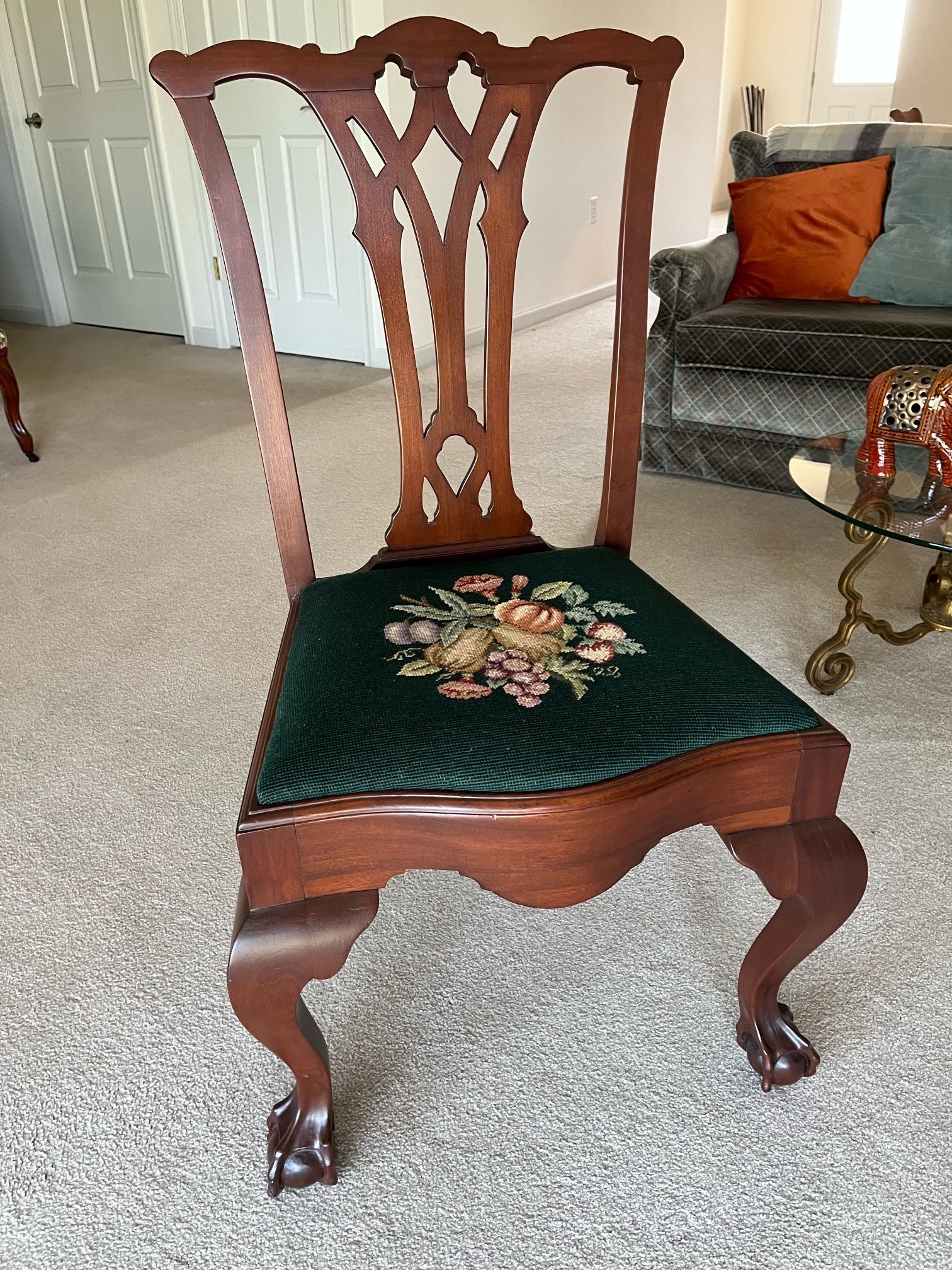 Antique Chippendale (Repro) Mahogany Chair with Ball and Claw Feet & Needlepoint