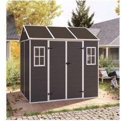 YOPTO 8x7 FT Outdoor Storage Shed,Waterproof Resin Large Storage Space Tool Sheds with Two-Window and Double-Door, Plastic Shed w/Floor,Sloping Roof &