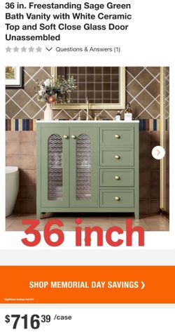 36 in. Freestanding Sage Green Bath Vanity with White Ceramic Top and Soft Close Glass Door Unassembled