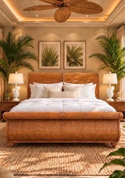 Vintage Woven Rattan King Sleigh Bed – Palm Beach Coastal Style