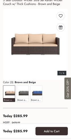 3 Seat Outdoor Wicker Sofa Set Rattan Wicker Couch w/ Thick Cushions - Brown and Beige