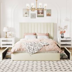 Queen Size Storage Bed Frame, Vertical Channel Tufted Adjustable Headboard, Velvet Upholstered Platform Bed with 4 Oversized Underbed Drawers, Wooden 