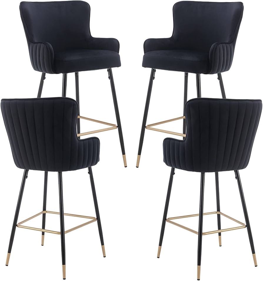 0584d 30" Black Bar Stools Set of 4, Velvet Upholstered Kitchen Island Bar stools with Wing Back, Mid Century Gold Bar Stools with Armrests and Footre