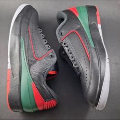 Brand New Air Jordan 2 Retro Low The colorway is:  Black / Varsity Red / Dark Green (Black upper with red accents and a dark green midsole panel)