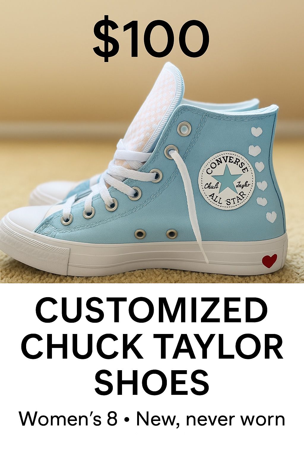 💙 Custom Converse Chuck Taylor All Star – Light Blue with Hearts & Checkerboard (W8 / M6)