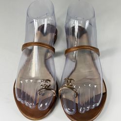 Chanel Gold-Tone CC Logo Toe Ring Brown Leather Flat Sandals - Women Size 36