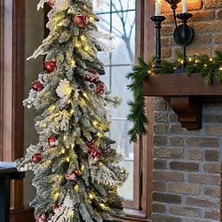 6 FOOT FLOCKED ALPINE TREE WITH ALL DECORATIONS AND TREE SKIRT 