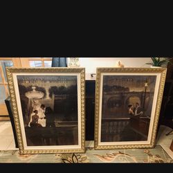 MUSEUM FRAMED By ARTIST BRENT  LYNCH - GOLD METALLIC ENAMEL 30x 37 Inches PAIR TWILIGHT ROMANCE / UNDER THE STARS - Signature Bottom Right 