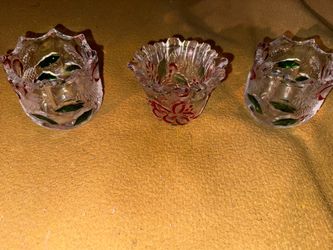 3 heavy thick glass votive Christmas candle holders  3”x3”
