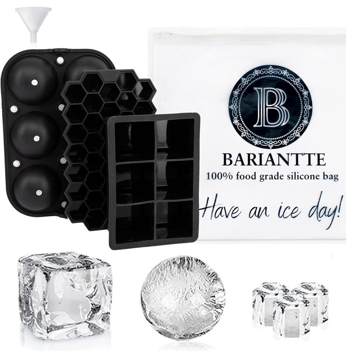 Bariantte Set of 3 Ice Molds Whiskey Ice Cube Trays Ball Silicone Mold Mini Cocktail Ice Molds with Ziplock Ice Bag- Big Ice Cube Trays Silicone + Bal