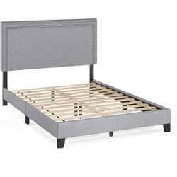 Furinno Laval Double Row Nail Head Bed Frame, 12PC Slat Style, Glacier, Full