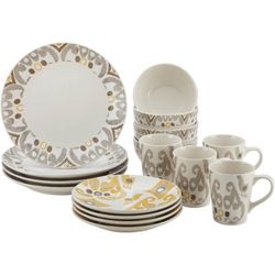 Rachael Ray Ikat Stoneware Dinnerware Set, 16-Piece, Yellow/Gray