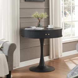 31.5” Black Desk/Bistro Pedestal Table with Hidden Storage Cabinet 