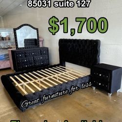 Queen Size Black Velvet Bedroom Set Brand New