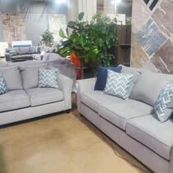 Beautiful 2 Pc Gray Fabric Sofa Loveseat (NEW)