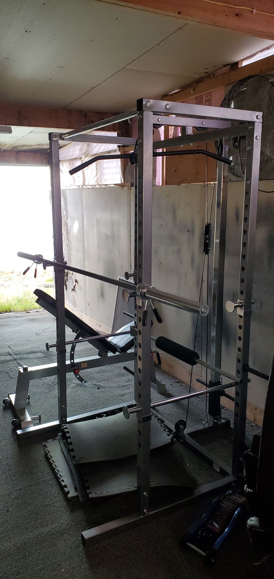 Power cage, bench, bar and weights