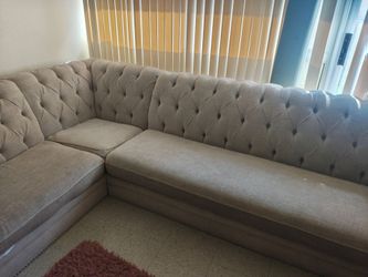 Large Beige Tufted Chesterfield Sectional Sofa – Nailhead Trim