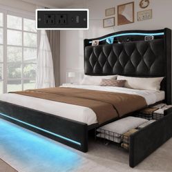 UPHOLSTERED BED FRAME QUEEN SIZE WITH STORAGE DRAWERS AND LED LIGHTING BRAND NEW IN BOX!!!
