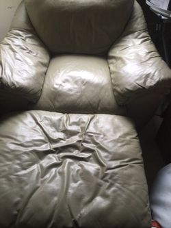 Green Italian leather chair and ottoman