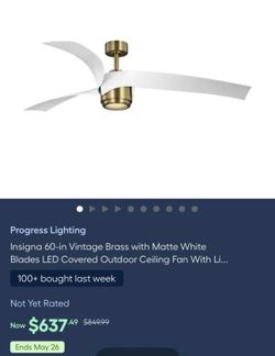 Progress Lighting Insigna 60-in Vintage Brass with Matte White Blades LED Covered Outdoor Ceiling Fan