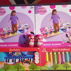 Minnie Mouse Electronic Play Mat, Wood XYLOPHONE,  Keyboard, Ryan's World Squishy Mystery Figure 2 of Each.  Value $130. For Only $60.