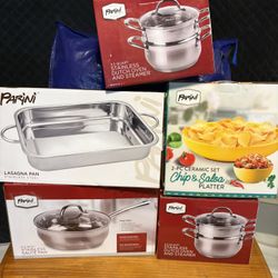 Stainless Dutch Oven, chip and salsa platter, lasagna pan & 9.5 stainless steel sauté pan