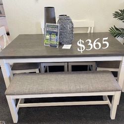 6-pc dining table set with bench white & gray