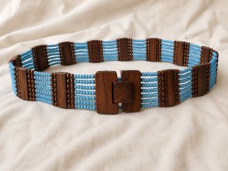 Vintage Blue Beaded Wooden Stretch Belt – Boho Statement Waist Belt