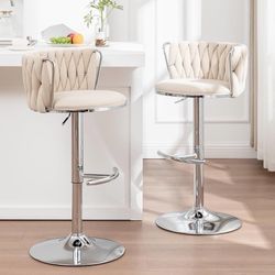 Cinxzar Velvet Bar Stools Set of 4, Swivel Counter Height Bar Stools with Back, Adjustable Woven Barstools for Kitchen Island, Pub, Club (Beige