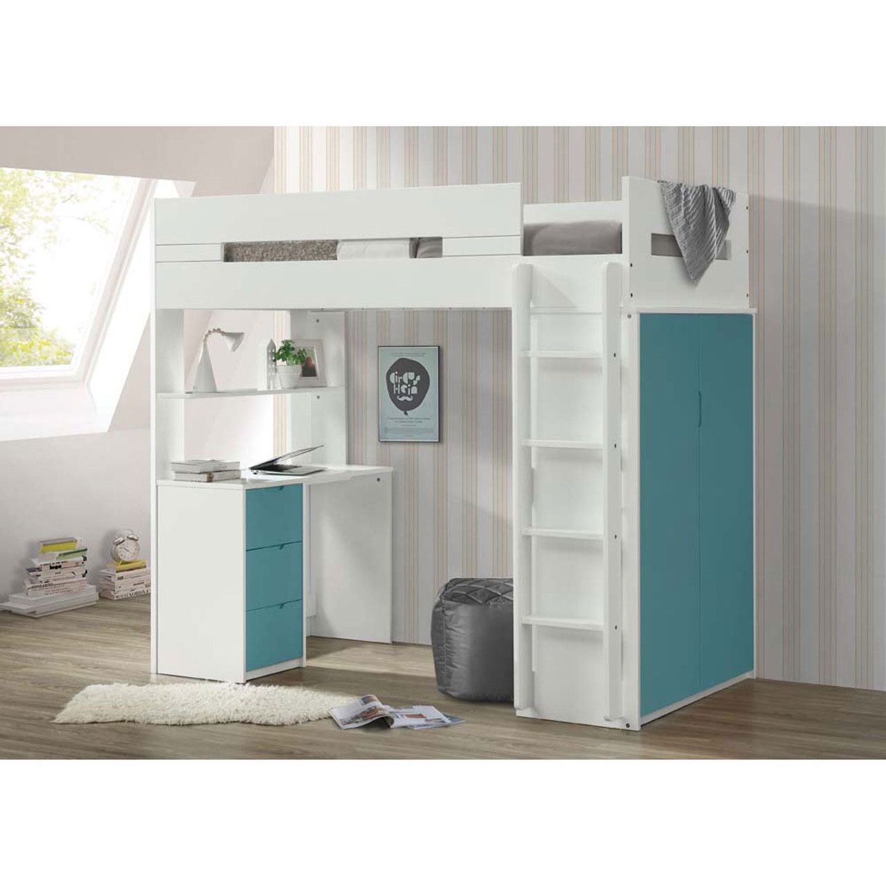 White/ Blue Twin Loft Bed w/ Desk & Wardrobe