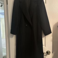 Women's 100% Pure Wool USA True Black Long Overcoat Trench Coat Jacket Large L