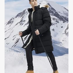 Men's Extra Long Fleece Puffer Jacket Outerwear Winter Coats XX-Large Black Snow Winter Camping 