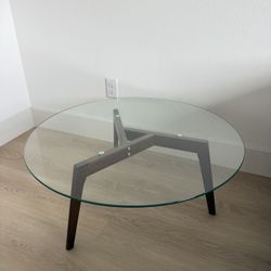 Coffee Table Round Glass  Walnut Mid-Century Modern