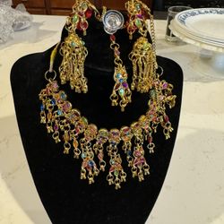 Indian Gold Plated Necklace with  Matching Earring and Tikka Set