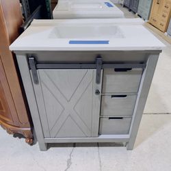 ‼️ Brand New 30 in. W x 22 in. D Single Sink Bath Vanity in Distressed Gray with Gray Marble Top $499 
