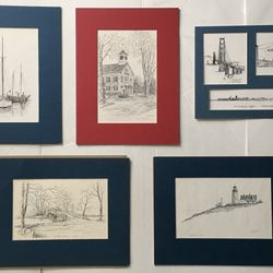 Clark M. Goff and Diarmuid Harrington Sketch Print Pencil Drawings Lot of 5