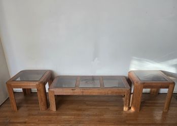 Glass Top Wooden Coffee Table With Matching End Tables