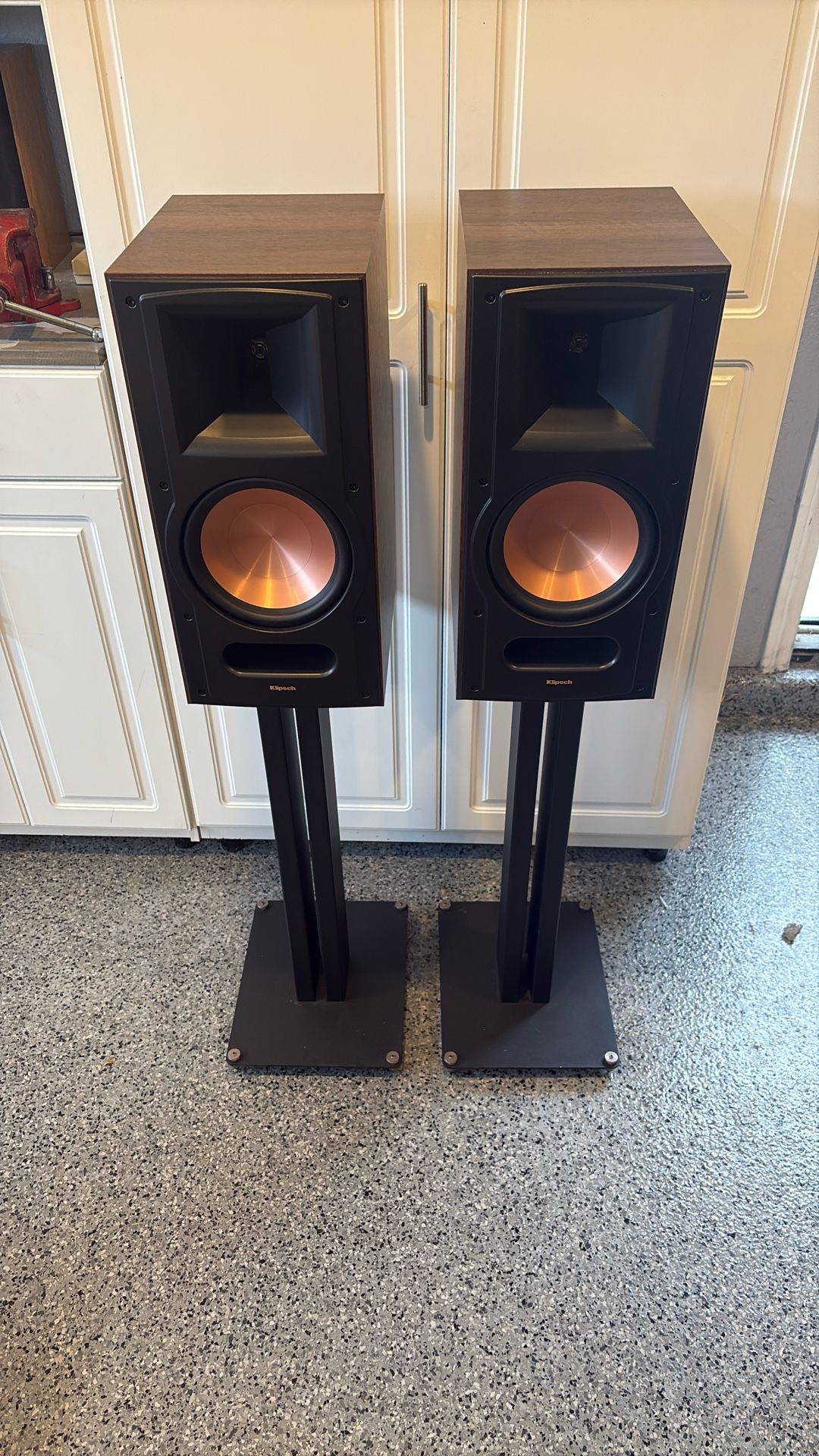 Pair Of Klipsch RB 81 ii Bookshelf Speakers In Walnut With 28” Klipsch Speaker Stands 