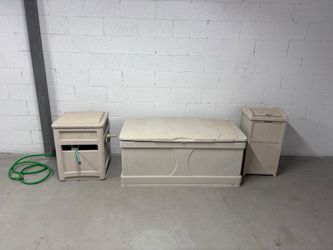 Set of 3 Suncast items, Suncast Hideaway Hose Reel, Suncast 99-Gallon Deck Box, Suncast Trash Hideaway