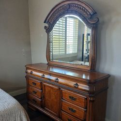 Solid Oak Dresser With Mirror And Bed And Shelf.