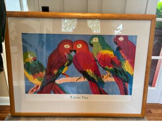 Large Framed Walasse Ting Parrots Art Print 55” x 40” Colorful Wall Decor