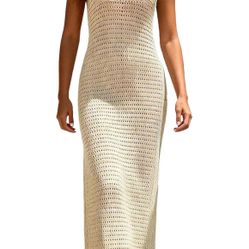 khaki large size Women's Crochet Halter Maxi Dress, Beige, Open Back with Tassel Hem, Side Slit, Beach Cover-Up