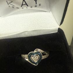 Kay Jewelers Diamond Heart Shaped Blue & White Ring Sterling Silver Size 6.75