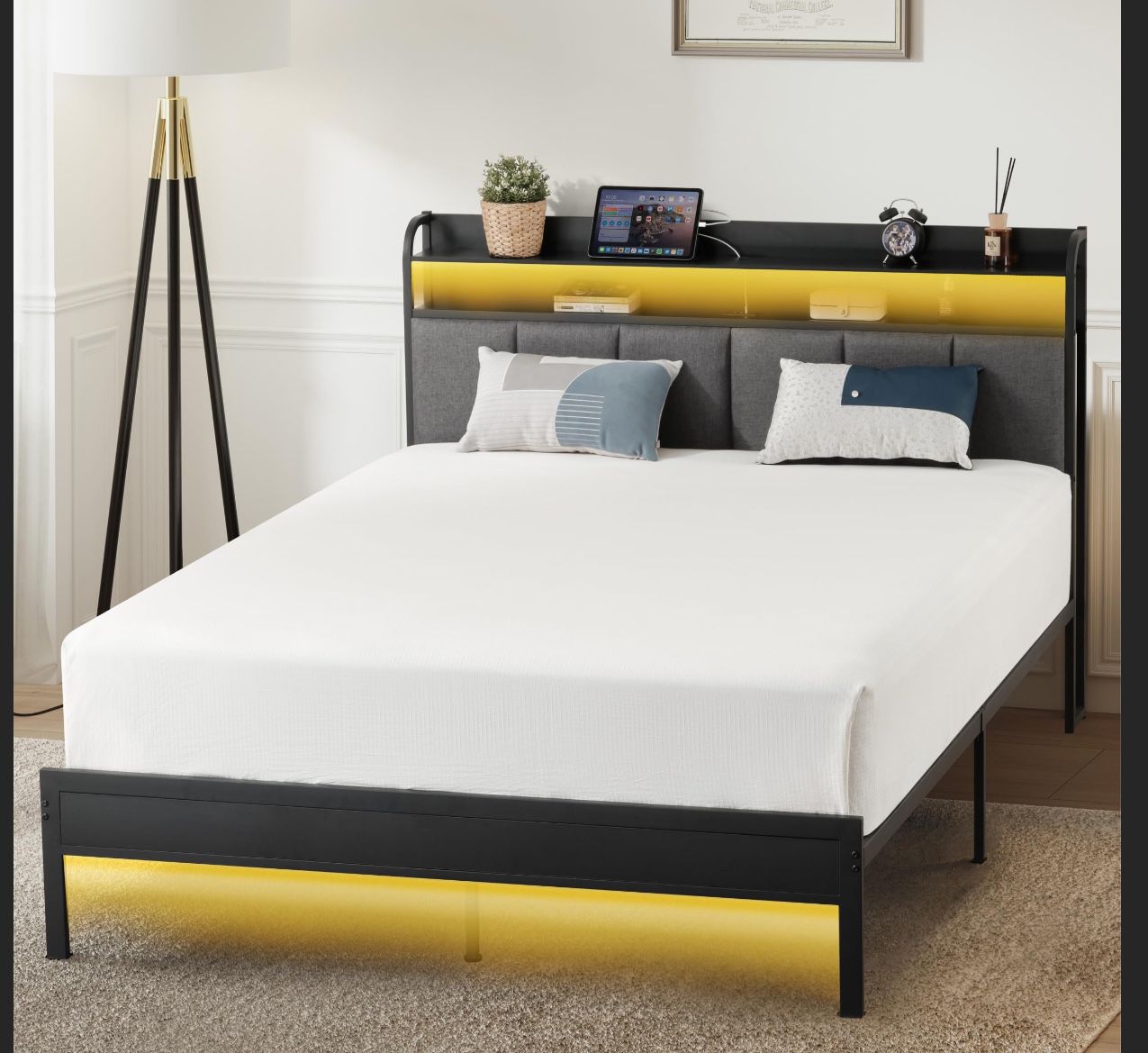 Rolanstar Twin Size Bed Frame with LED Lights, Upholstered Headboard, Charging Station, Storage Shelves, Heavy Duty Metal Slats, No Box Spring Needed,