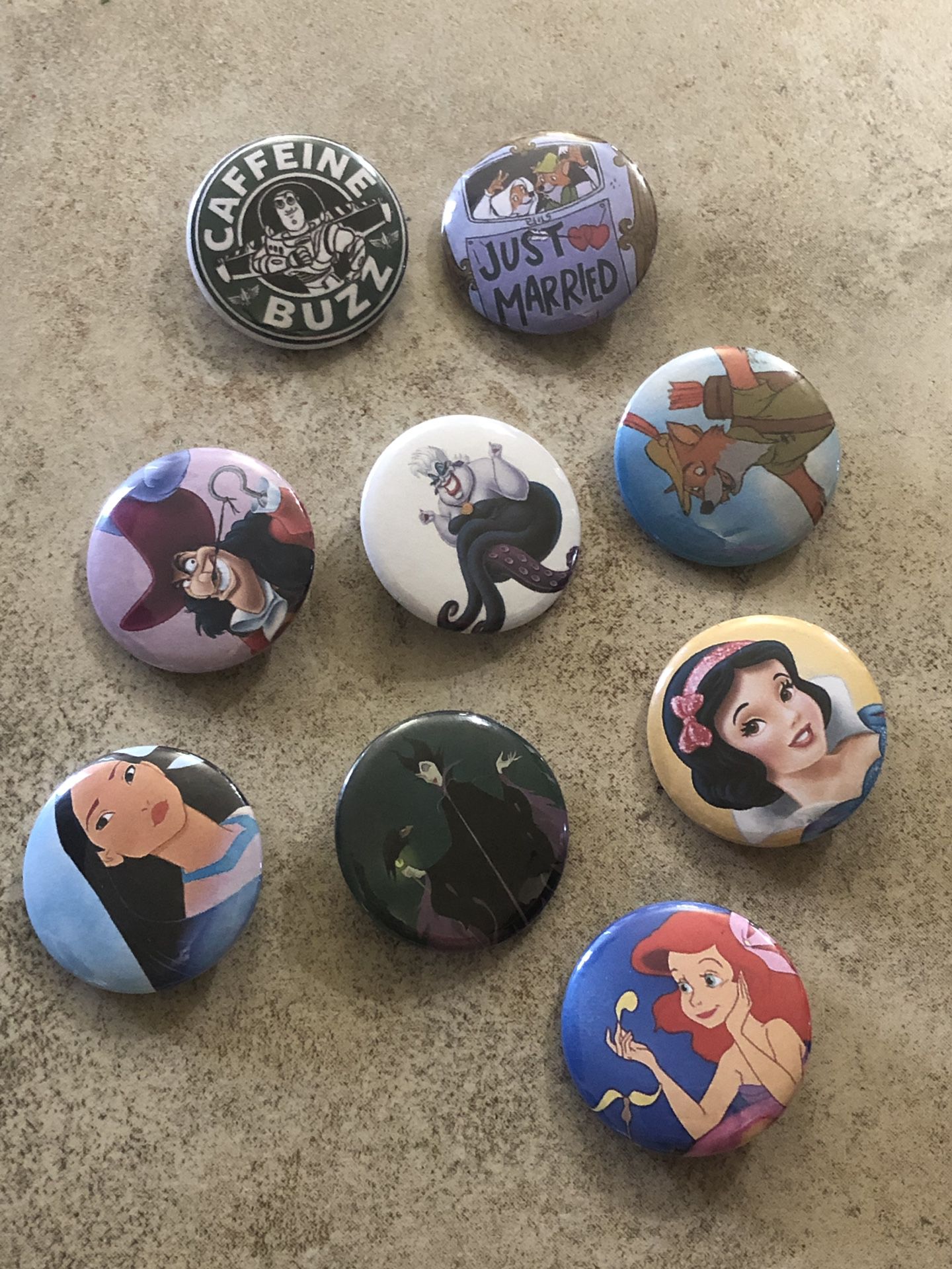 Assorted Disney 1.25 inch buttons Set of 9